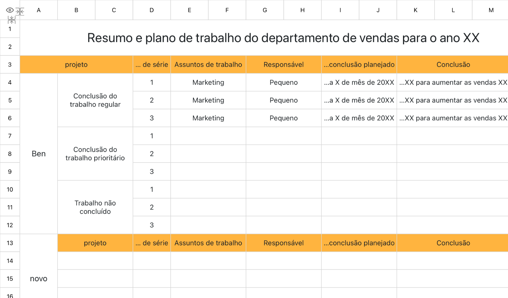 Resumo e plano de trabalho do departamento de vendas para o ano XX